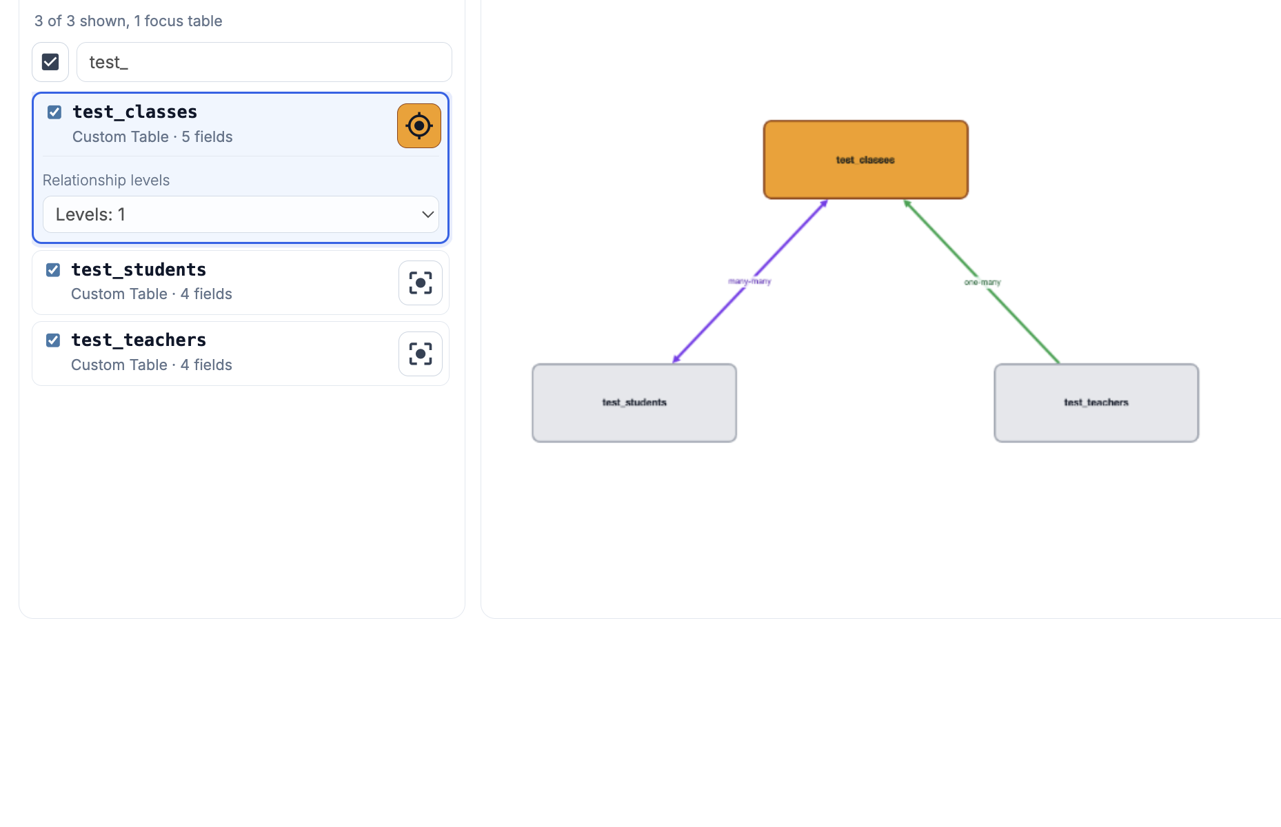 Jumpkick relationship chart connecting generic classes, students, and teachers tables